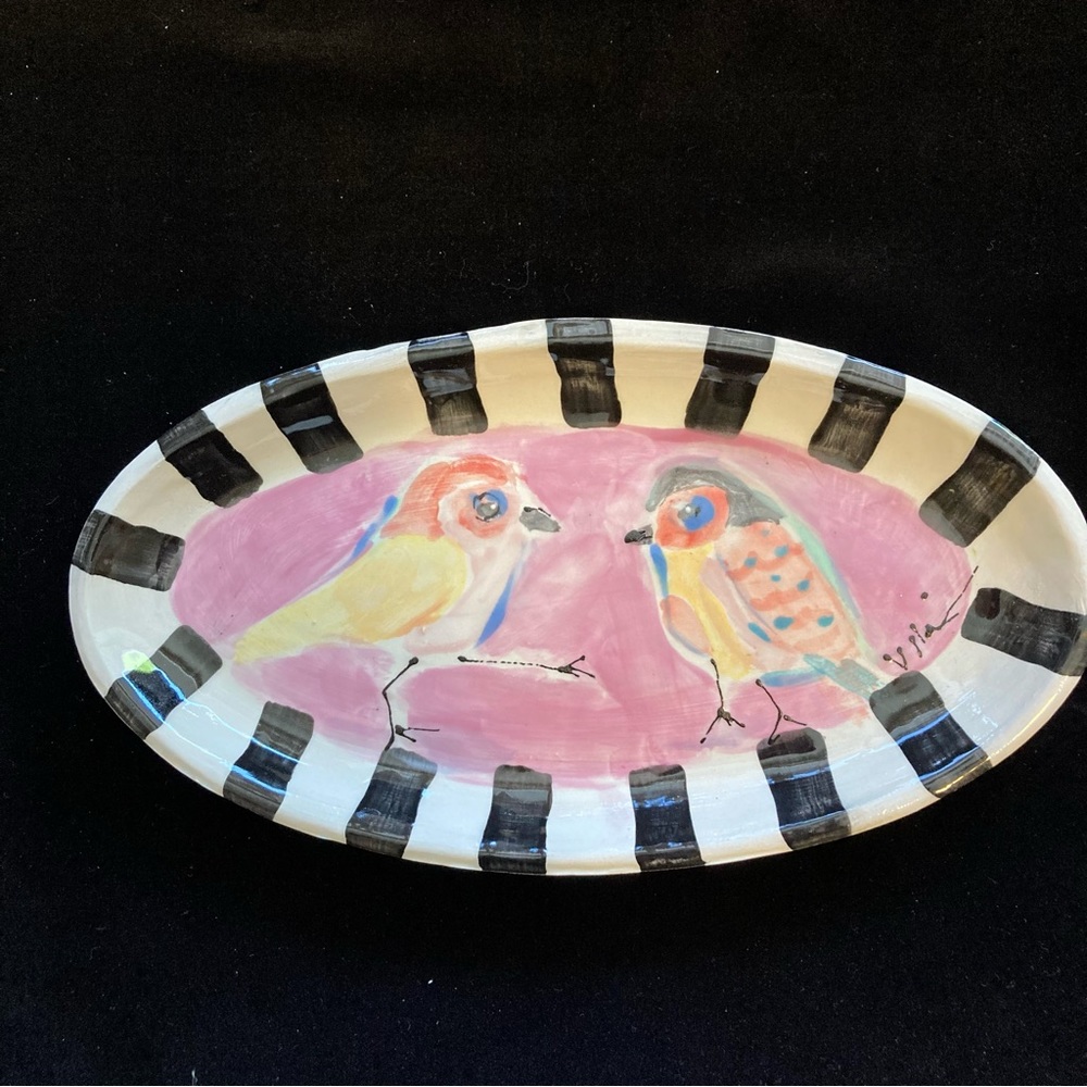 Handmade Ceramic Serving Tray”Two Birds”Design 10.5”x5.5” Original Design